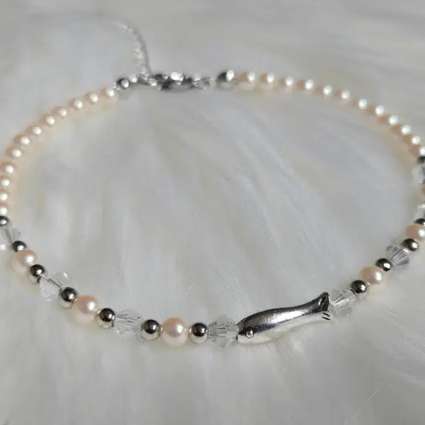 [BUNJANG] Freshwater Pearl Accent Blue Crystal Bead Anklet / 담수진주포인트 블루크리스탈비즈발찌