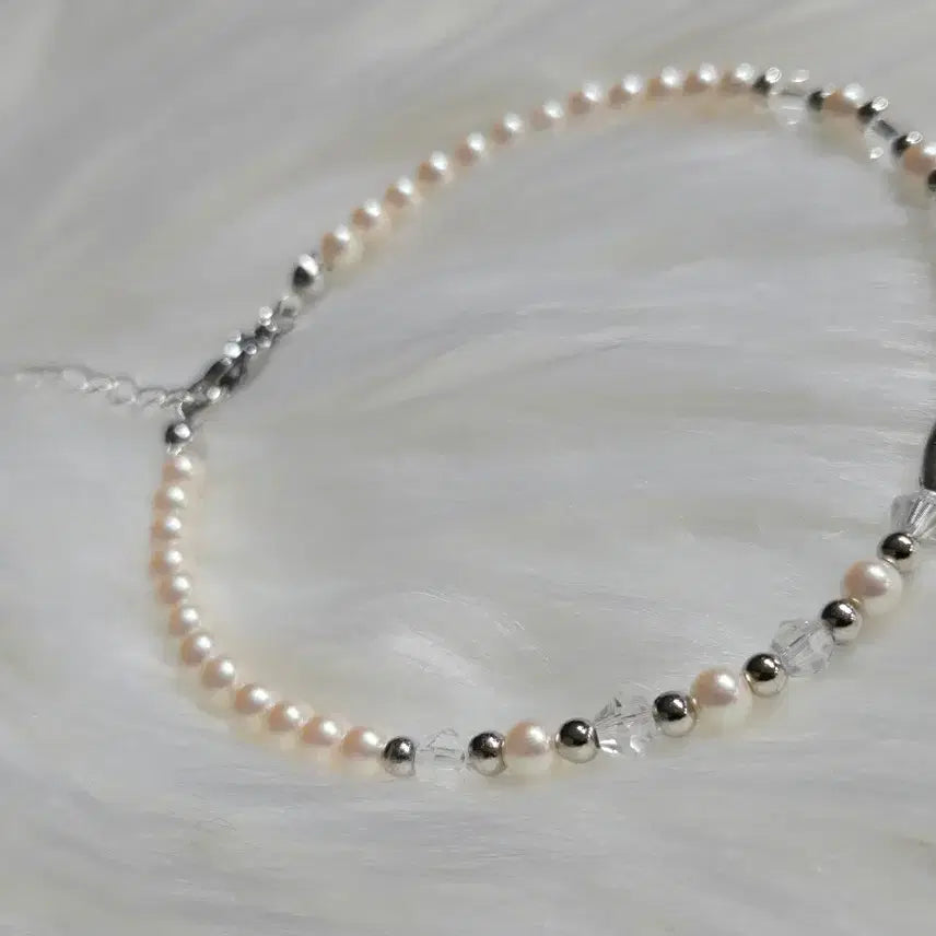[BUNJANG] Freshwater Pearl Accent Blue Crystal Bead Anklet / 담수진주포인트 블루크리스탈비즈발찌