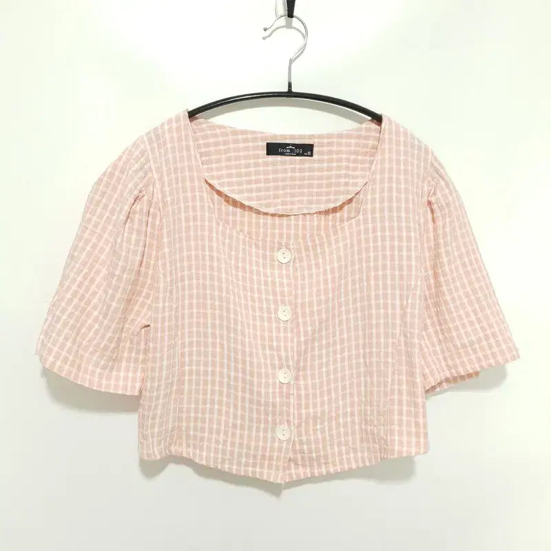 [BUNJANG] Checked Cropped Short Sleeve Blouse / 체크 크롭 반팔 블라우스 F_S0093