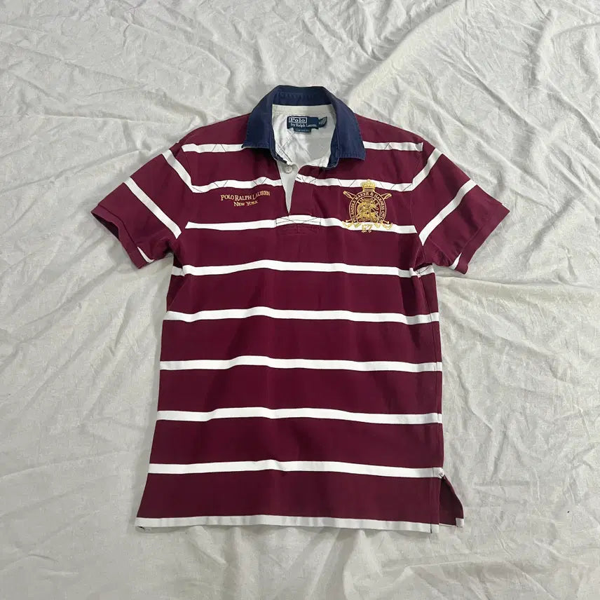 [BUNJANG] Polo Ralph Lauren Custom Fit Striped Rugby Short Sleeve Polo Shirt Burgundy / 폴로 랄프로렌 커스텀핏 스트라이프 럭비 반팔 카라티 버건디