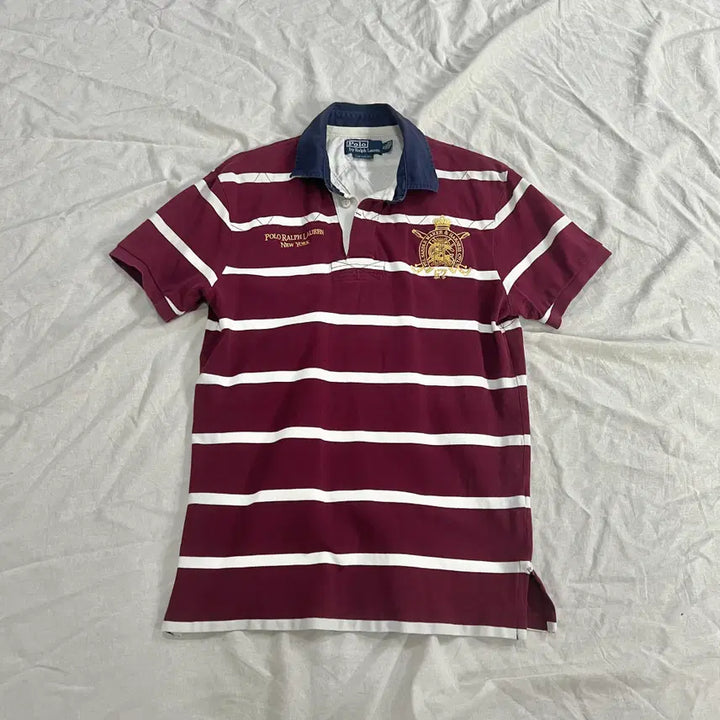 [BUNJANG] Polo Ralph Lauren Custom Fit Striped Rugby Short Sleeve Polo Shirt Burgundy / 폴로 랄프로렌 커스텀핏 스트라이프 럭비 반팔 카라티 버건디