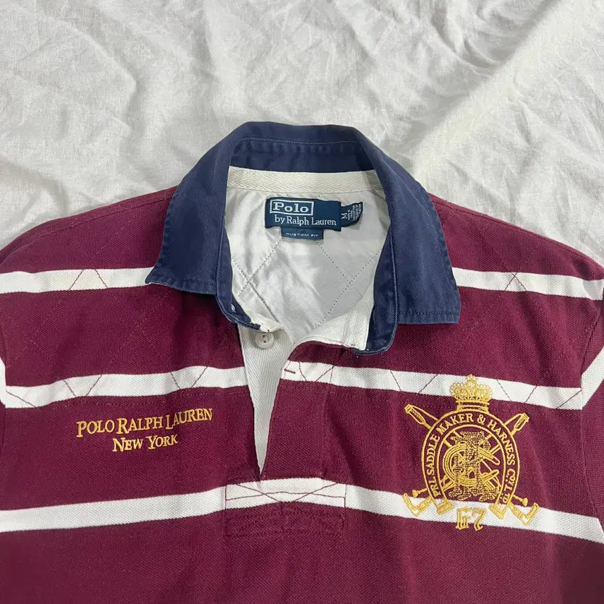 [BUNJANG] Polo Ralph Lauren Custom Fit Striped Rugby Short Sleeve Polo Shirt Burgundy / 폴로 랄프로렌 커스텀핏 스트라이프 럭비 반팔 카라티 버건디