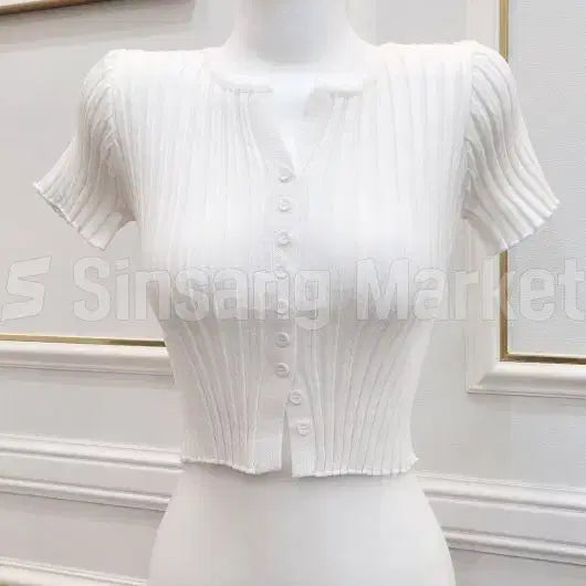 [BUNJANG] Apple Button Cropped Short Sleeve T-Shirt / [빠른발송] 애플단추반팔 크롭 섹시 벌어짐NO 쫀쫀 비침없음
