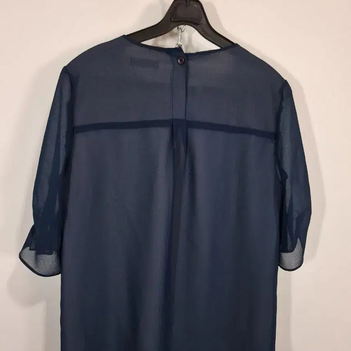[BUNJANG] Prink Chiffon Blouse with Pearl Embellishments - Navy / 프린 쉬폰 블라우스 네이비 진주 장식