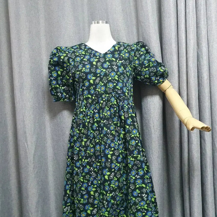 [BUNJANG] Floral Crinkled Cotton One-Piece Dress / 55퍼프 플로럴 바스락원피스