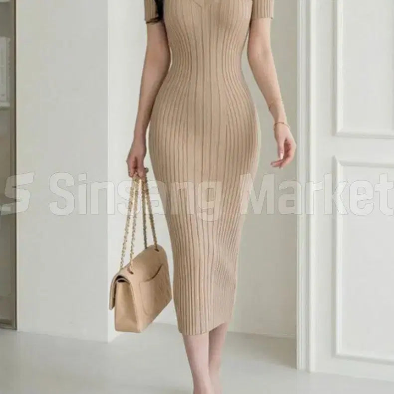 [BUNJANG] LEAVEE V-Neck Ribbed Knit Slim Fit Long Dress / [빠른발송] 레아브이ops 골지 니트 섹시 브이넥 라인 날씬 딱붙는 롱