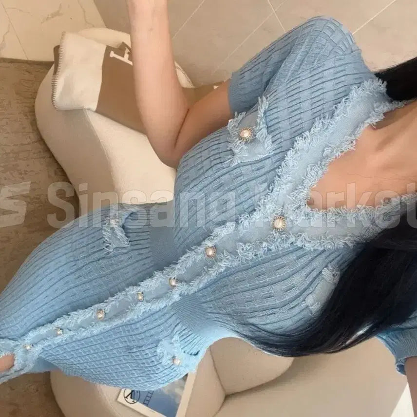 [BUNJANG] Slight Slit Tweed Dress - Short Sleeve, Elegant Long Length / [빠른발송] 트위드ops 스판짱 코코 트임 반팔 샤땡 섹시 롱