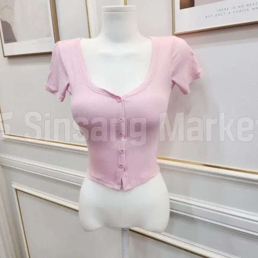 [BUNJANG] V-Neck Short Sleeve Top with Y-Button and Chest Pad / [빠른발송] Y단추반팔 가슴패드 브이넥 또또 섹시 클럽 기본티