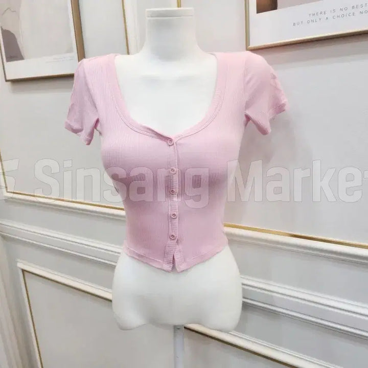[BUNJANG] V-Neck Short Sleeve Top with Y-Button and Chest Pad / [빠른발송] Y단추반팔 가슴패드 브이넥 또또 섹시 클럽 기본티