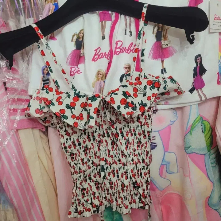 [BUNJANG] Barbie Cherry Pattern Smocking Cropped Top / 바비체리패턴 스모킹 크롭탑