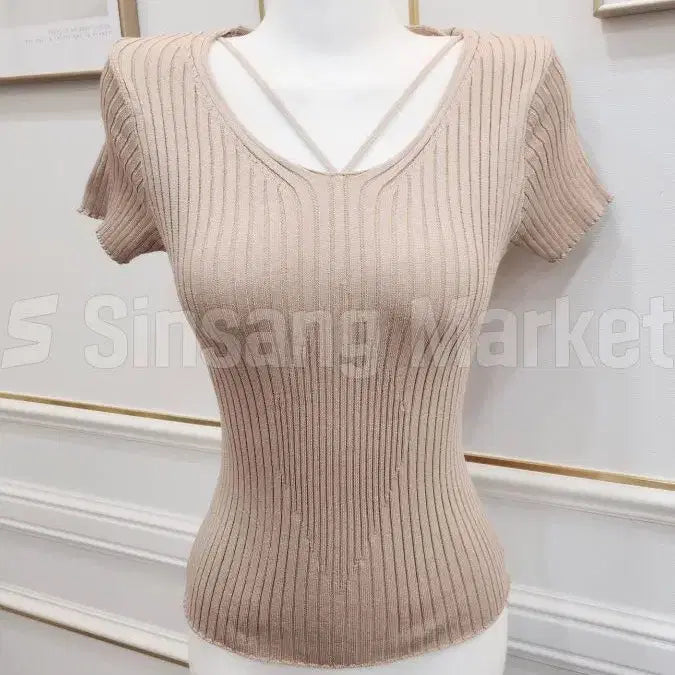 [BUNJANG] Sunny V-Neck Ribbed Knit Club Basic Top / [빠른발송] 써니V반팔 끈 섹시 골지 니트 클럽 기본티