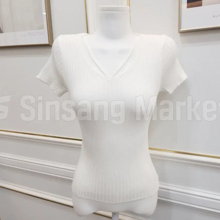 [BUNJANG] Sunny V-Neck Ribbed Knit Club Basic Top / [빠른발송] 써니V반팔 끈 섹시 골지 니트 클럽 기본티