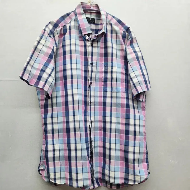 [BUNJANG] Lanvin One Pocket Logo Embroidery Check Short Sleeve Shirt L/XL / 랑방 원포켓 로고자수 체크 반팔셔츠 105(L~XL)