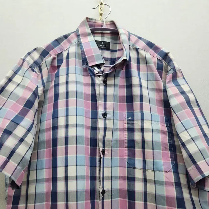 [BUNJANG] Lanvin One Pocket Logo Embroidery Check Short Sleeve Shirt L/XL / 랑방 원포켓 로고자수 체크 반팔셔츠 105(L~XL)