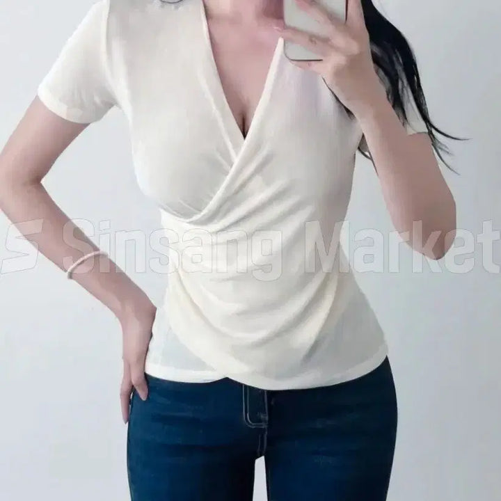 [BUNJANG] Sexy V-Neck Short Sleeve Blouse / [빠른발송] 랩반팔 브이넥 섹시 블라우스