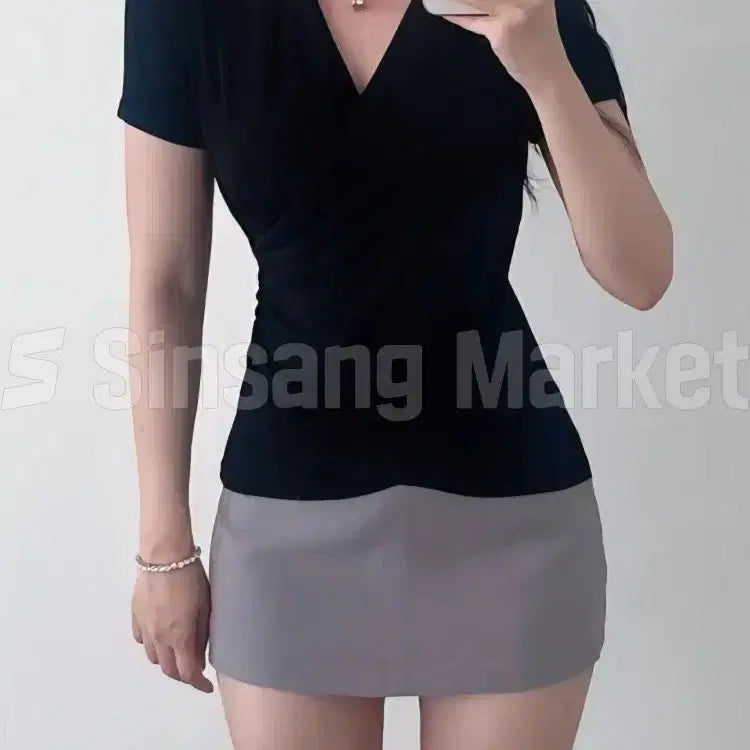 [BUNJANG] Sexy V-Neck Short Sleeve Blouse / [빠른발송] 랩반팔 브이넥 섹시 블라우스