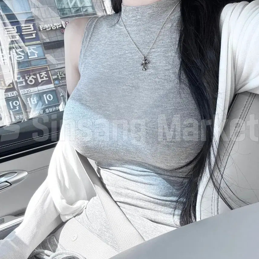 [BUNJANG] Sheer Turtleneck Sleeveless Top with Spandex / [빠른발송] 거즈반목나시 울 시스루 섹시 스판 하이넥 폴라