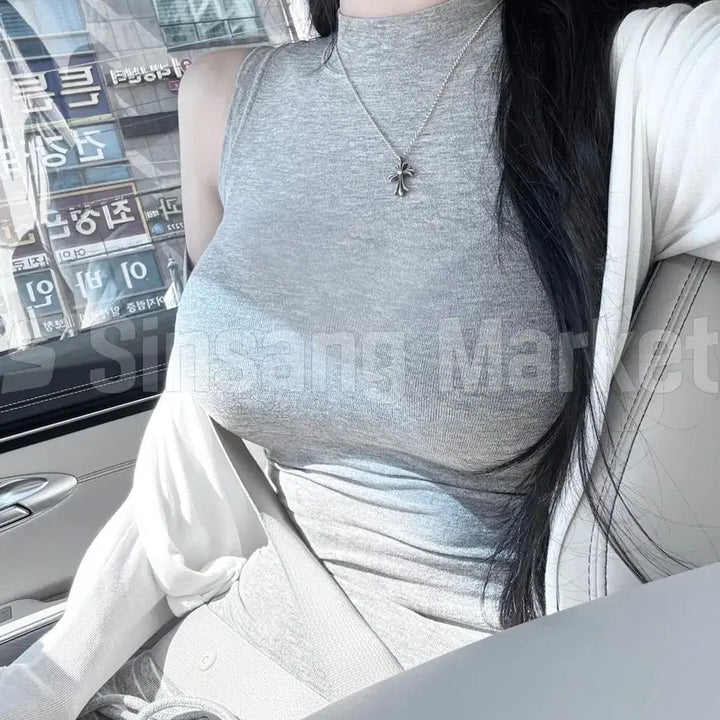 [BUNJANG] Sheer Turtleneck Sleeveless Top with Spandex / [빠른발송] 거즈반목나시 울 시스루 섹시 스판 하이넥 폴라