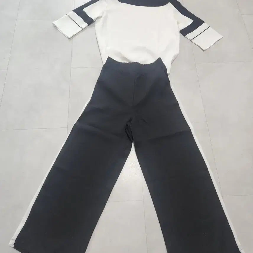 [BUNJANG] Color Block Wide Pants Set / 흰색 검정 배색  와이드 팬츠 세트