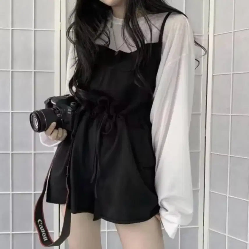[BUNJANG] Black Spaghetti Strap Mini Dress with White Sheer Long Sleeve Top / 블랙 나시 원피스 끈 조절 가능 흰색 시스루 티 포함