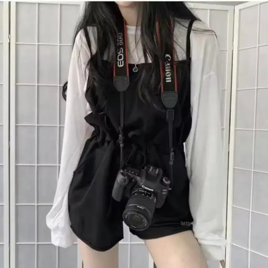 [BUNJANG] Black Spaghetti Strap Mini Dress with White Sheer Long Sleeve Top / 블랙 나시 원피스 끈 조절 가능 흰색 시스루 티 포함