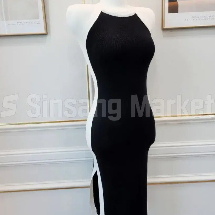 [BUNJANG] Colorblock Halter Neck Knit Dress / [빠른발송] 배색 홀터 ops 섹시 니트 섹시 베이직 글램 라인