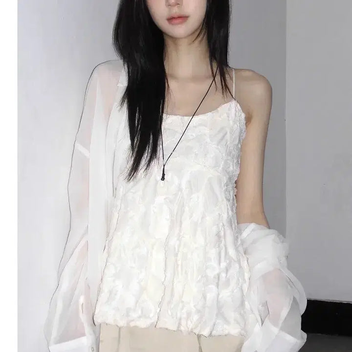 [BUNJANG] Rose Bustier Flare Frill Sleeveless Blouse White New / 로즈입체장미 뷔스티에 플레어 프릴 나시 화이트 새상품/에이블리교신