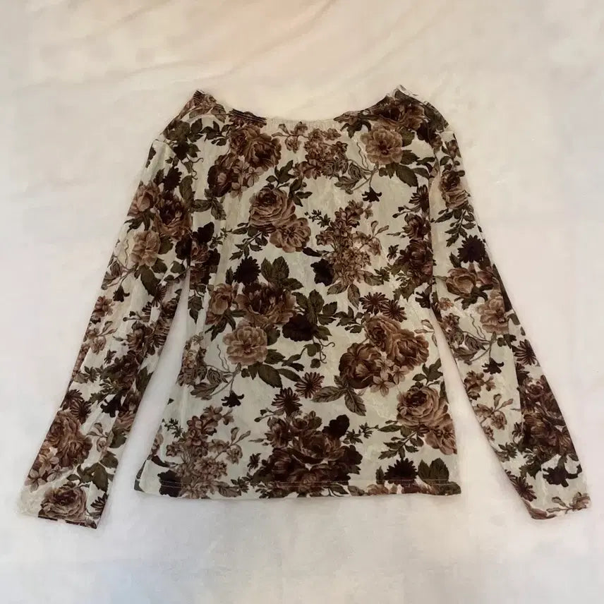 [BUNJANG] Rosa Cherry Vintage Oriental Floral Long Sleeve Velvet Top / 로사체리 빈티지 롱슬리브 /아일렛 오리엔탈 플로럴 꽃 브라운 벨벳