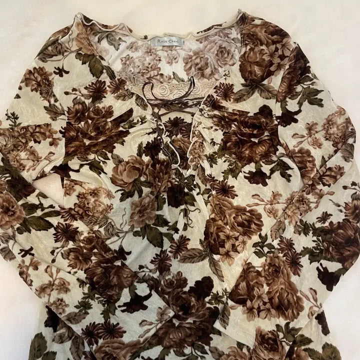 [BUNJANG] Rosa Cherry Vintage Oriental Floral Long Sleeve Velvet Top / 로사체리 빈티지 롱슬리브 /아일렛 오리엔탈 플로럴 꽃 브라운 벨벳
