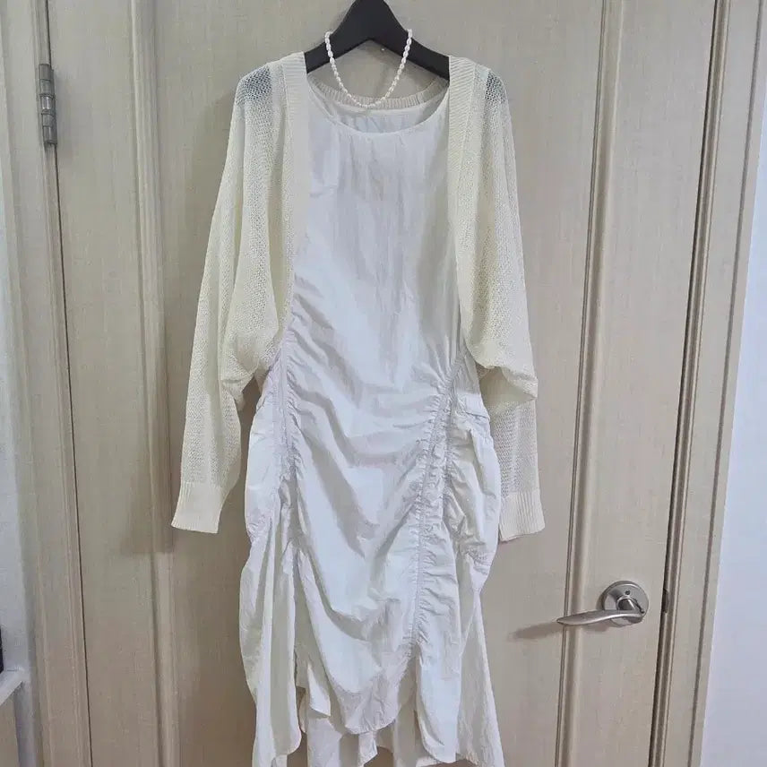 [BUNJANG] Sleeveless Shirring Dress Cardigan Set / 나시 셔링원피스 가디건 세트구성