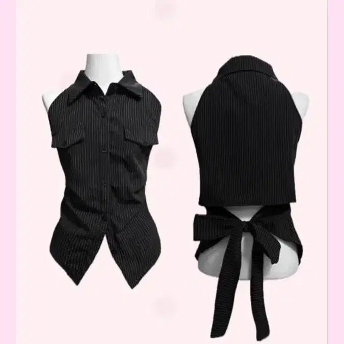 [BUNJANG] Stripe Halter Neck Sleeveless Shirt with Waist Strap / [긱시크 뒷리본/부유방커버템/허리잘록핏] 카라홀터넥 스트라이프민소매