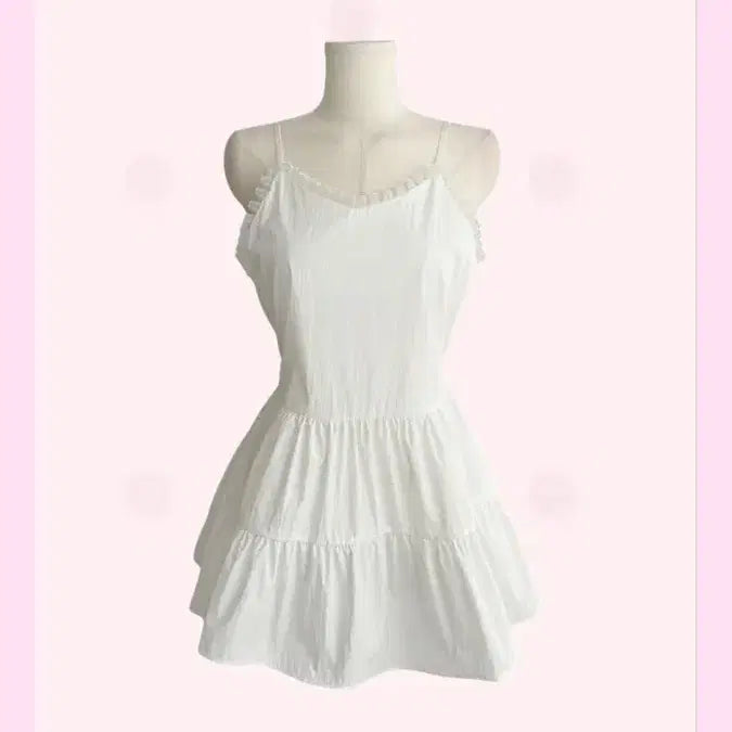 [BUNJANG] Ribbon Tie Back Sweetheart Neck Frill Flare Summer Dress / [허리조절 뒷리본] 빈즈 프릴 넥 여름 끈나시 캉캉 원피스