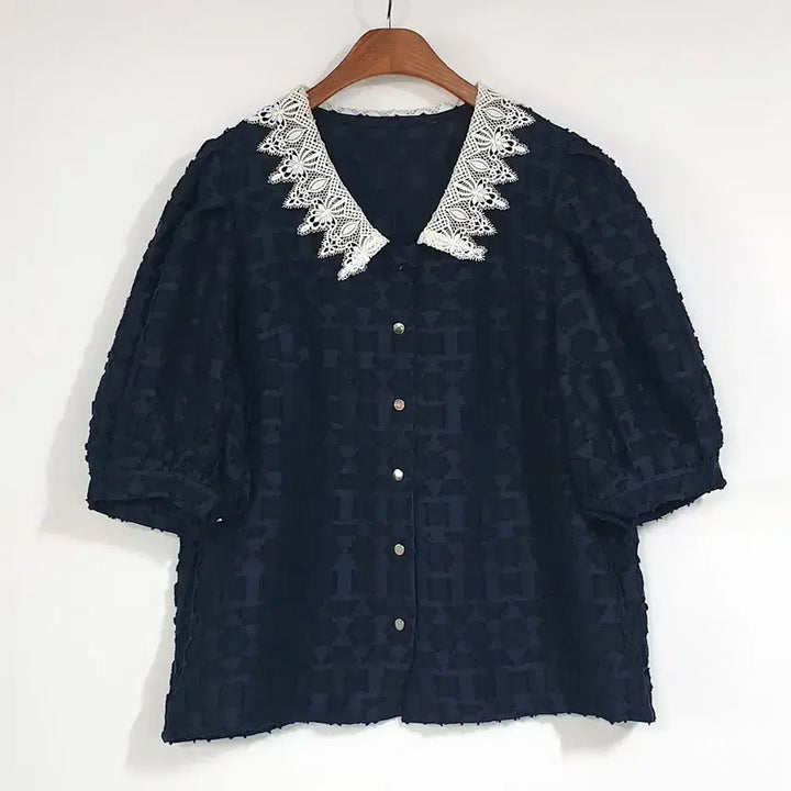 [BUNJANG] JS NEW YORK Navy Lace Collar Blouse / JS.NEWYORK 네이비 블라우스