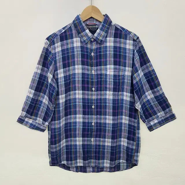 [BUNJANG] 100% Linen Check Half-Sleeve Shirt (Blue Standard) / Blue standard 린넨 100% 체크 칠부 셔츠