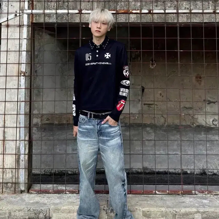 [BUNJANG] Studded Collar Patch Graphic Slim Fit Long Sleeve T-Shirt / 스터드 카라 패치 그래픽 슬림핏 카라 긴팔티