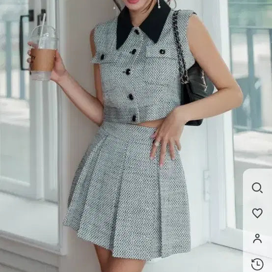 [BUNJANG] Tweed Sleeveless Vest and Pleated Skirt Set / 나시베스트 셋업