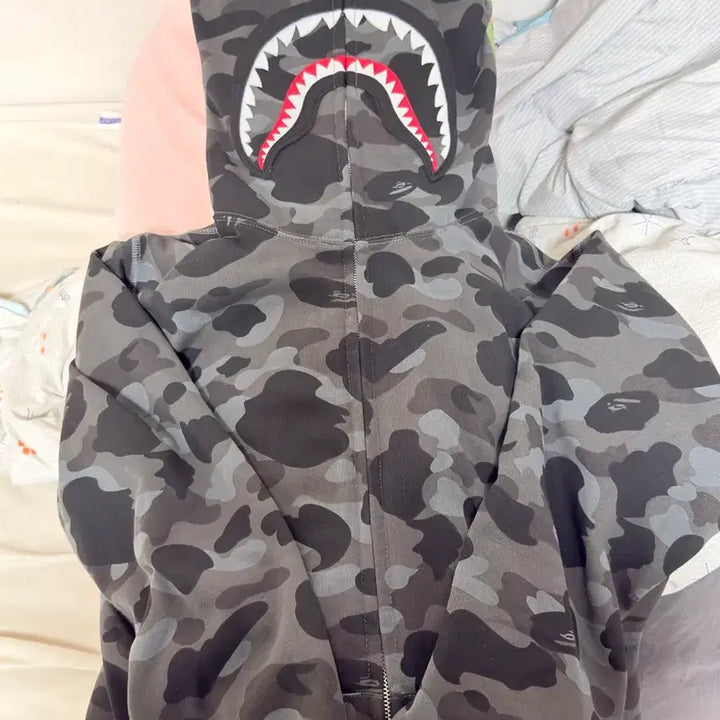 [BUNJANG] A Bathing Ape Camo Shark Hoodie Black Grey L / 베이프 카모 샤크후드 흑계 L