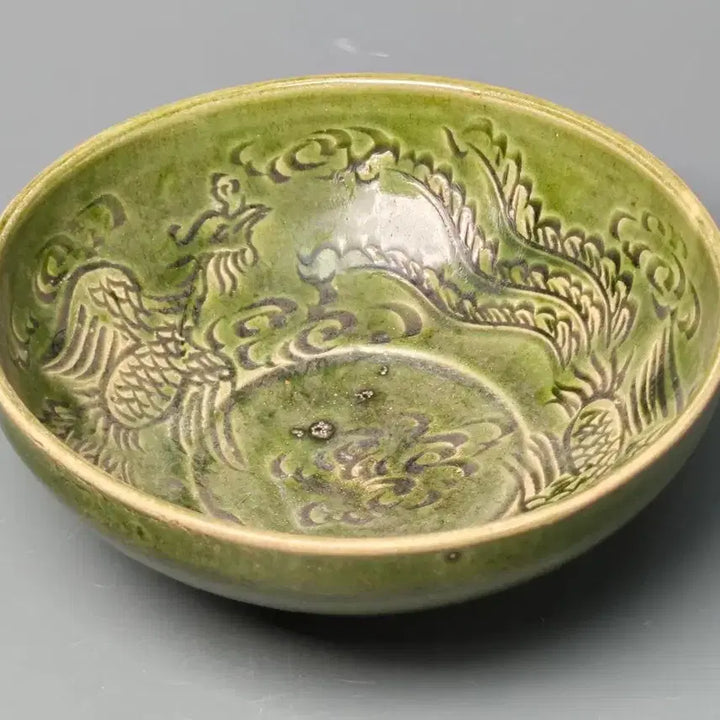 [BUNJANG] Yuan-Ming Dynasty Celadon Glazed Incised Cloud and Phoenix Motif Bowl / [진품] 출토품 원말 명초 녹유 인화 운봉문 완 중국도자기 골동품 고미술