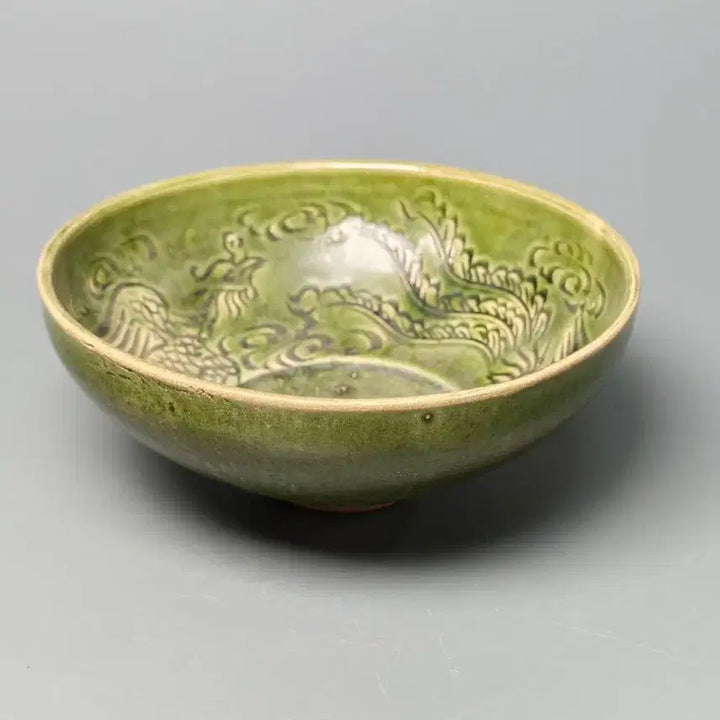[BUNJANG] Yuan-Ming Dynasty Celadon Glazed Incised Cloud and Phoenix Motif Bowl / [진품] 출토품 원말 명초 녹유 인화 운봉문 완 중국도자기 골동품 고미술