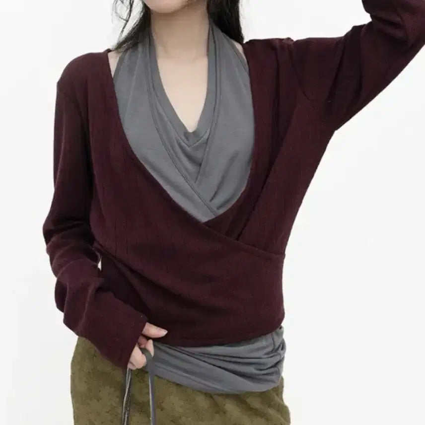 [BUNJANG] Tilde Seoul Have Wrap Layered Knit Top Burgundy / 틸데서울 해브 랩 레이어드 니트 탑 버건디
