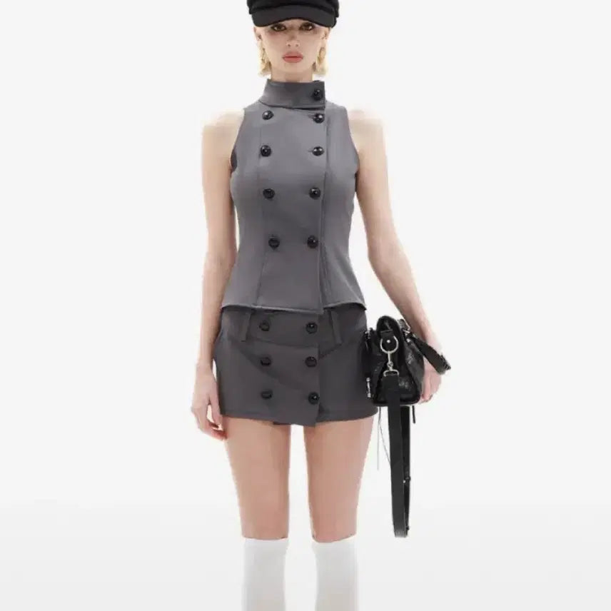 [BUNJANG] Hilda Tailored Half-Button Vest - Gray / 힐다 테일러드 하프버튼 베스트 그레이