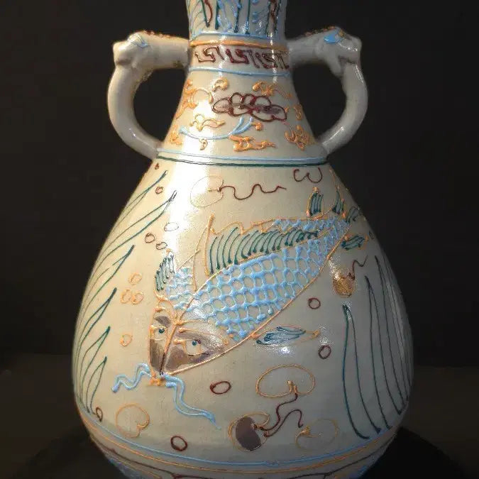 [BUNJANG] Joseon Dynasty Celadon Porcelain Vase with Fish and Water Plant Motif / 260620-2 법화체 수초어문 양이옥호춘병
