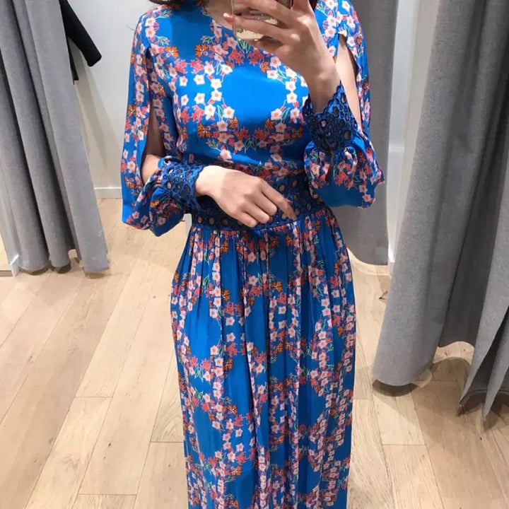 [BUNJANG] Sandro Blue Floral Chiffon Long Dress / (정품)Sandro 롱 원피스(55)거의 새상품