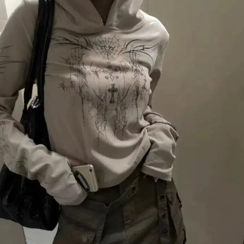 [BUNJANG] Ablie Tattoo Printing Semi-Crop Warmer Hoodie / 에이블리 타투 프린팅 세미 크롭 워머 후드티