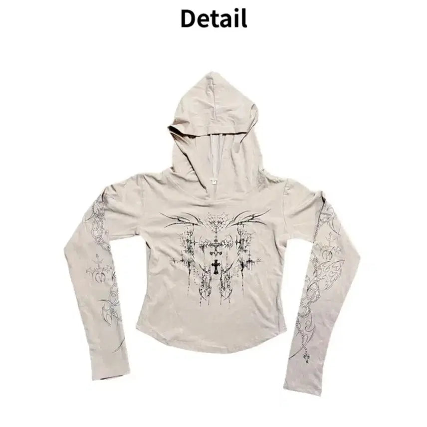 [BUNJANG] Ablie Tattoo Printing Semi-Crop Warmer Hoodie / 에이블리 타투 프린팅 세미 크롭 워머 후드티