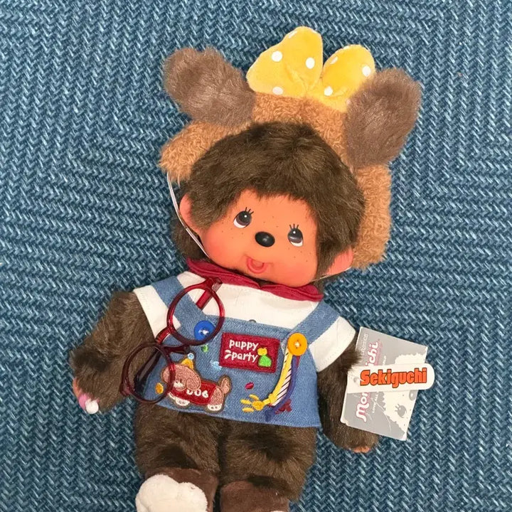 [BUNJANG] Sekiguchi Monchhichi Dog Party Overalls Doll / 세키구치 몬치치 인형 강아지 파티 멜빵바지