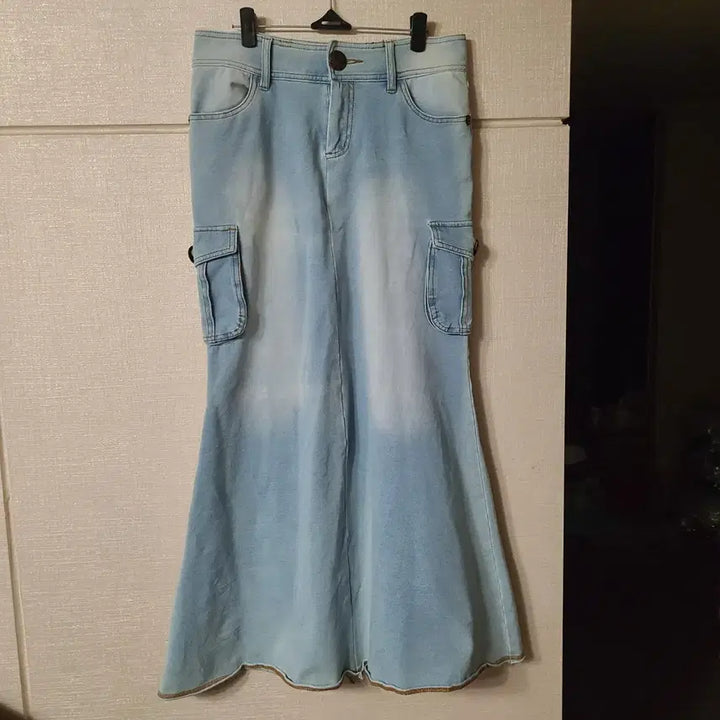 [BUNJANG] Japanese Vintage Mermaid Cargo Denim Long Skirt / 일본 빈티지 머메이드 카고 데님 연청 롱스커트 치마 워싱 와투케 y2k
