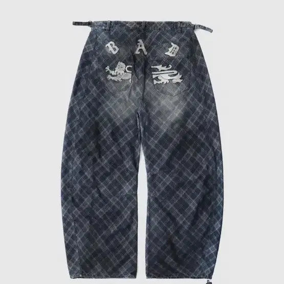 [BUNJANG] Bad Blood Lion Patch Washed Barrel Pants - Blue Denim Check / 배드블러드 라이온 패치 워시드 배럴 팬츠 - 블루데님체크