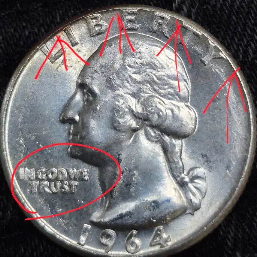 [BUNJANG] 1964 US Quarter Dollar Silver Coin - 90% Silver, Off-Center Error, Double Rim / 1964년P 발행 쿼터달러. 은화90%오프 센터 안압에러  더블림