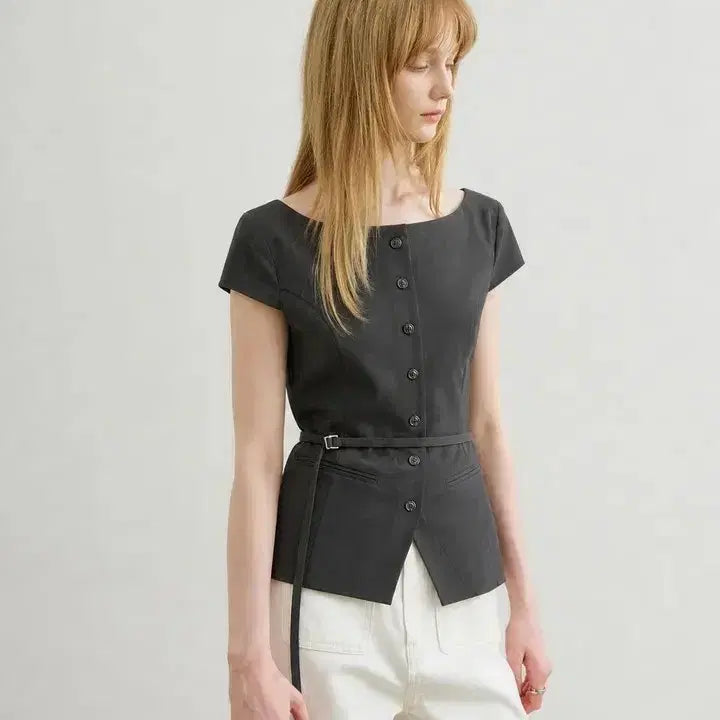[BUNJANG] Artid Cap Sleeve Belted Blouse Black / 택포) 아티드 캡 슬리브 벨티드 블라우스 블랙